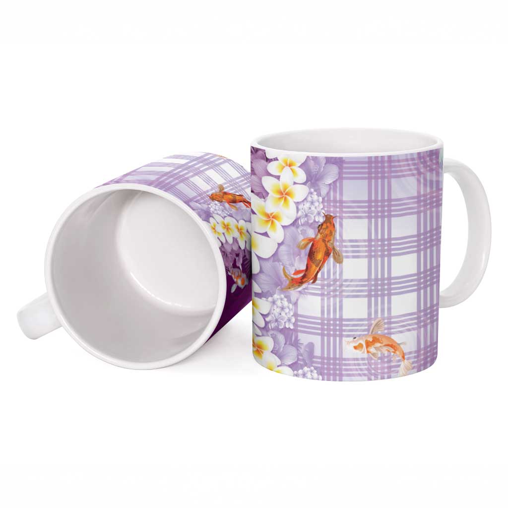 Hawaii And Japan Ceramic Mug Plumeria Lei With Koi Fish Purple - Polynesian Pride