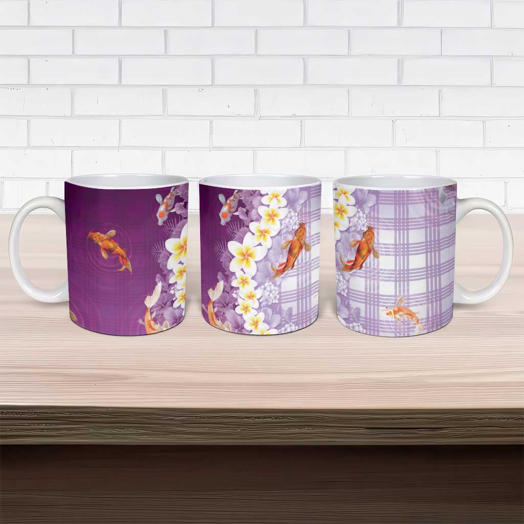 Hawaii And Japan Ceramic Mug Plumeria Lei With Koi Fish Purple - Polynesian Pride