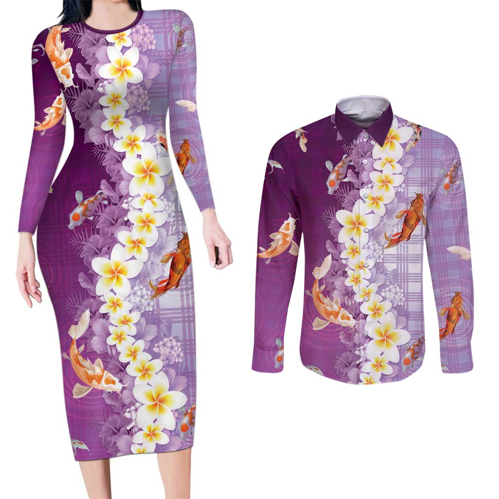Hawaii And Japan Couples Matching Long Sleeve Bodycon Dress and Long Sleeve Button Shirt Plumeria Lei With Koi Fish Purple - Polynesian Pride