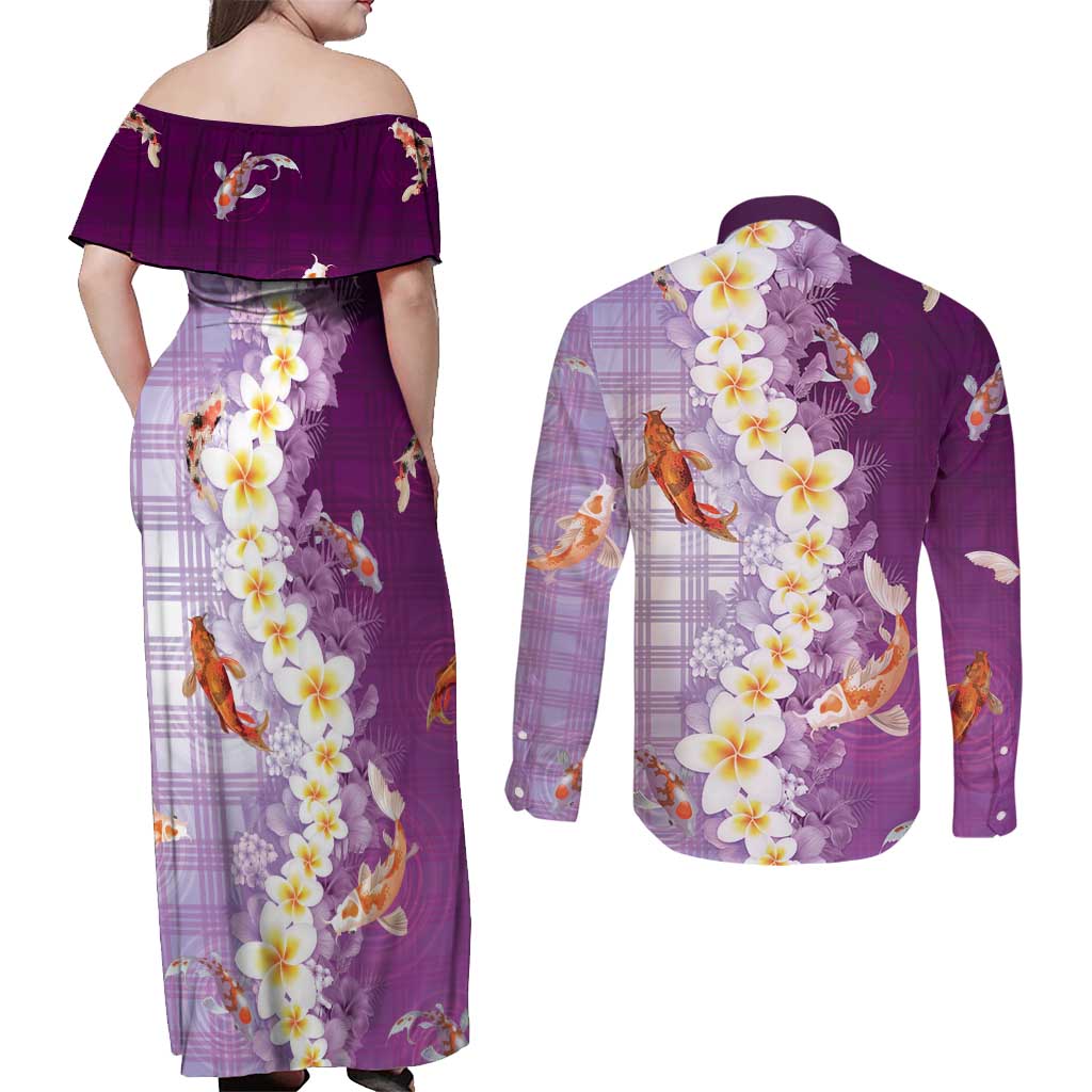 Hawaii And Japan Couples Matching Off Shoulder Maxi Dress and Long Sleeve Button Shirt Plumeria Lei With Koi Fish Purple - Polynesian Pride