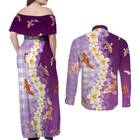 Hawaii And Japan Couples Matching Off Shoulder Maxi Dress and Long Sleeve Button Shirt Plumeria Lei With Koi Fish Purple - Polynesian Pride