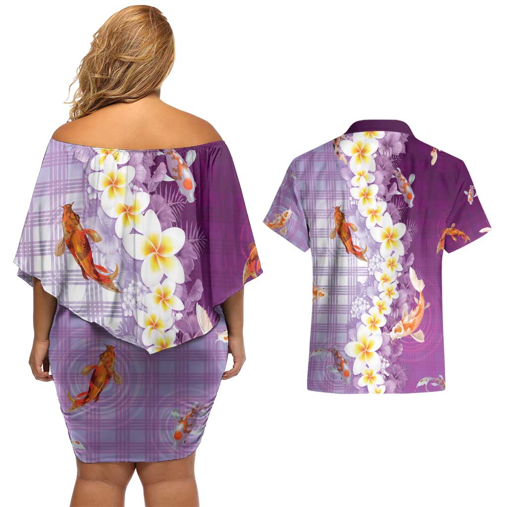 Hawaii And Japan Couples Matching Off Shoulder Short Dress and Hawaiian Shirt Plumeria Lei With Koi Fish Purple - Polynesian Pride