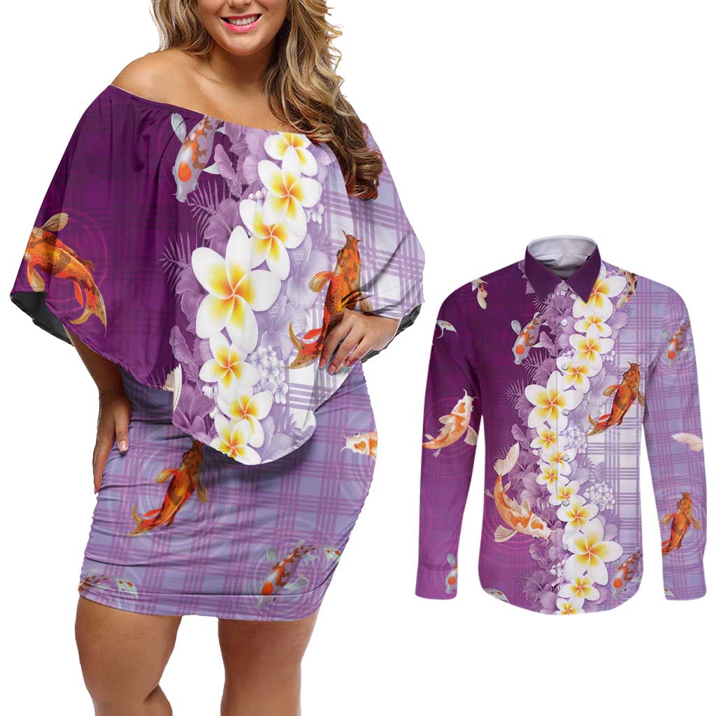 Hawaii And Japan Couples Matching Off Shoulder Short Dress and Long Sleeve Button Shirt Plumeria Lei With Koi Fish Purple - Polynesian Pride