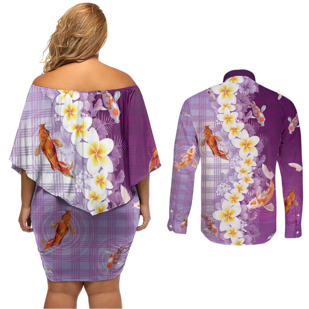 Hawaii And Japan Couples Matching Off Shoulder Short Dress and Long Sleeve Button Shirt Plumeria Lei With Koi Fish Purple - Polynesian Pride