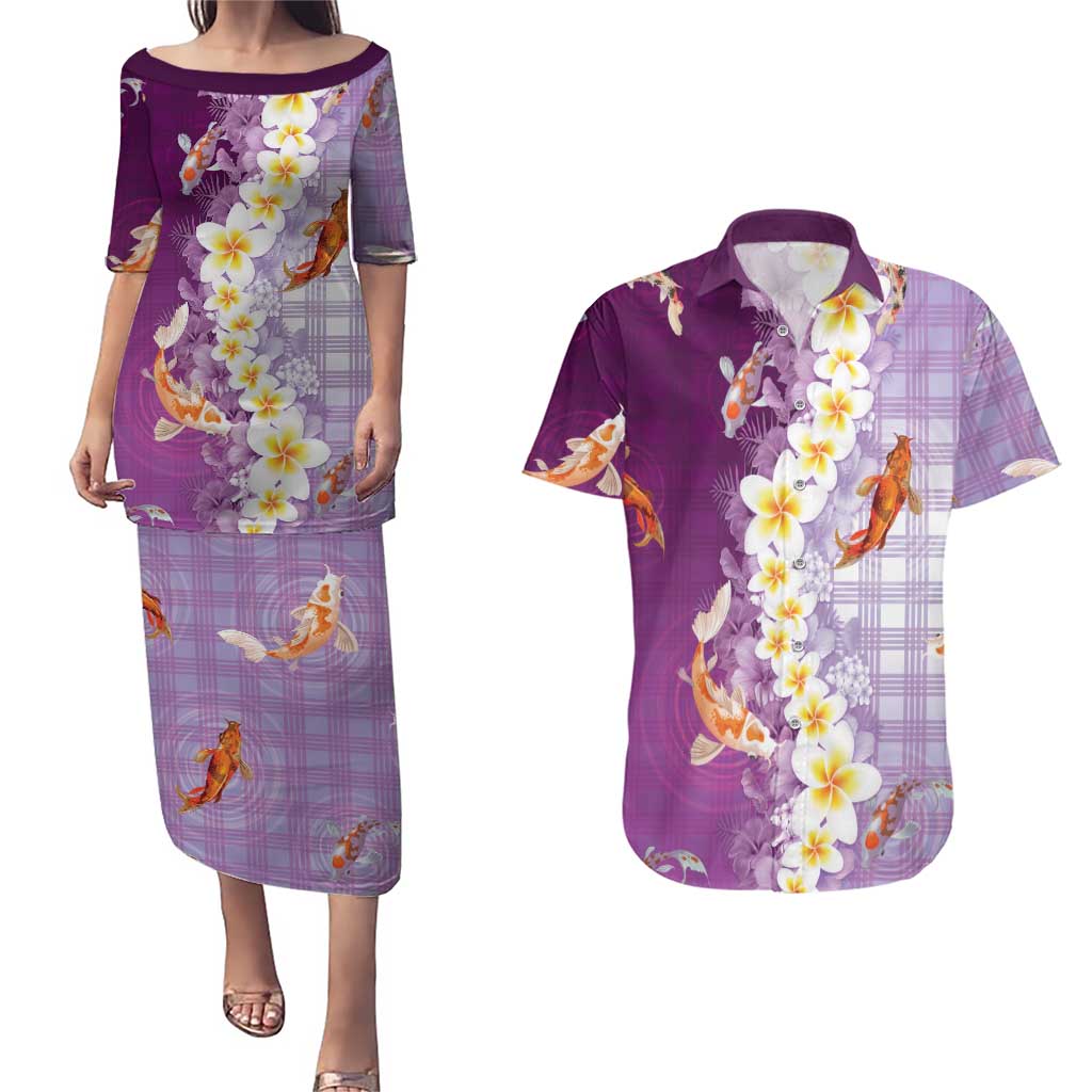 Hawaii And Japan Couples Matching Puletasi and Hawaiian Shirt Plumeria Lei With Koi Fish Purple - Polynesian Pride