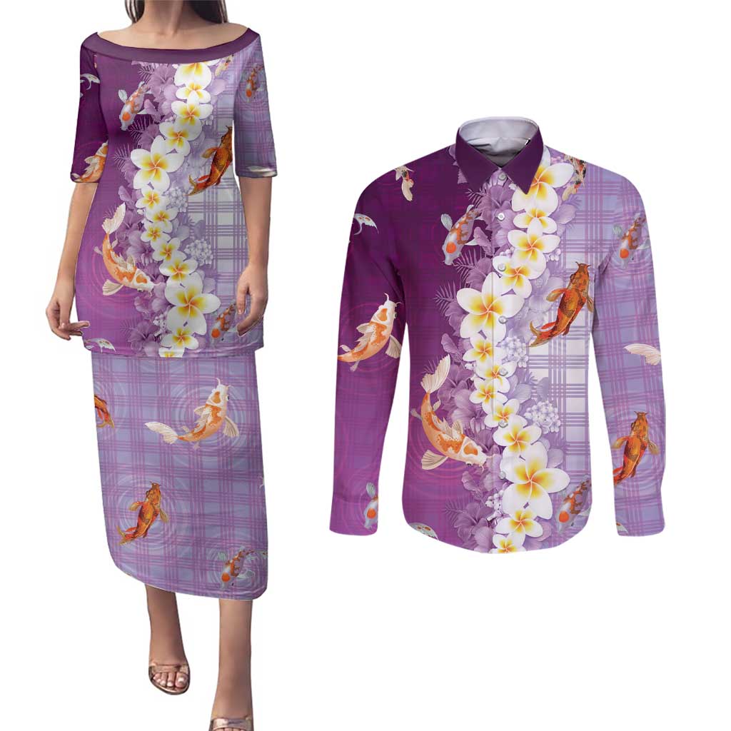 Hawaii And Japan Couples Matching Puletasi and Long Sleeve Button Shirt Plumeria Lei With Koi Fish Purple - Polynesian Pride