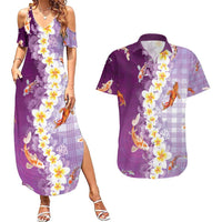 Hawaii And Japan Couples Matching Summer Maxi Dress and Hawaiian Shirt Plumeria Lei With Koi Fish Purple - Polynesian Pride