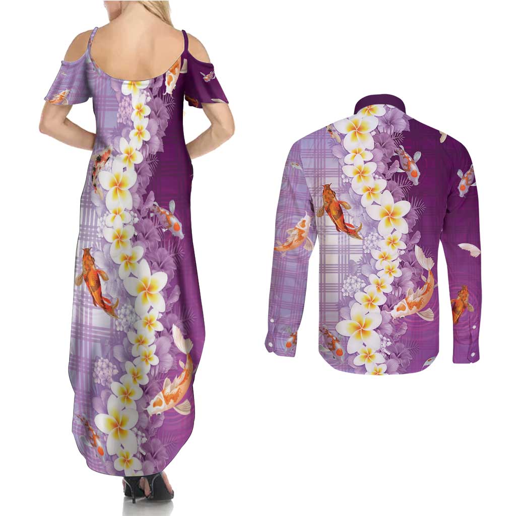 Hawaii And Japan Couples Matching Summer Maxi Dress and Long Sleeve Button Shirt Plumeria Lei With Koi Fish Purple - Polynesian Pride