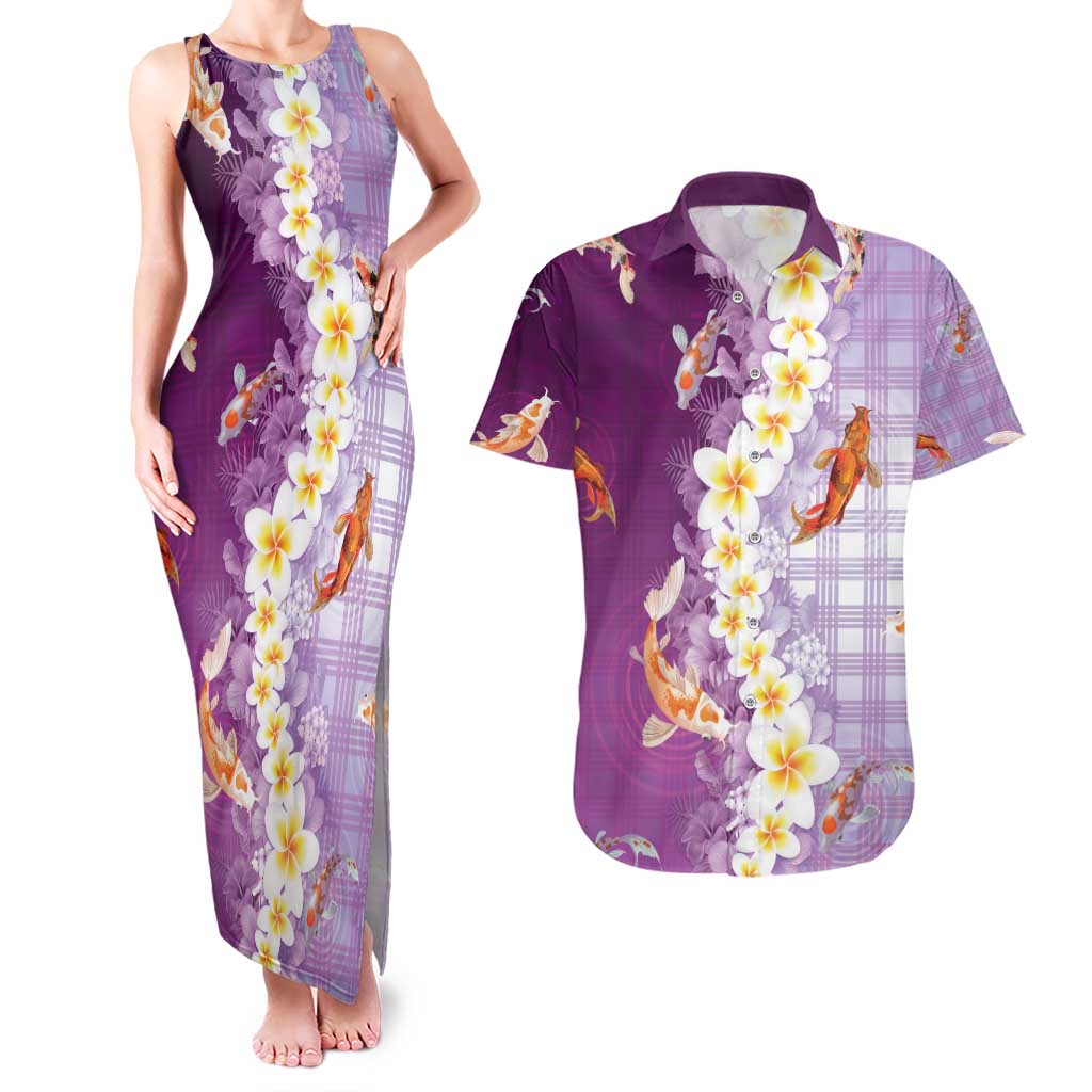 Hawaii And Japan Couples Matching Tank Maxi Dress and Hawaiian Shirt Plumeria Lei With Koi Fish Purple - Polynesian Pride