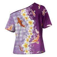 Hawaii And Japan Cross Shoulder Shirt Plumeria Lei With Koi Fish Purple - Polynesian Pride