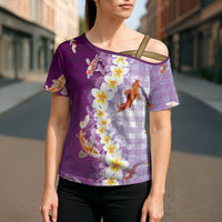 Hawaii And Japan Cross Shoulder Shirt Plumeria Lei With Koi Fish Purple - Polynesian Pride