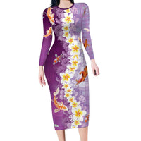 Hawaii And Japan Family Matching Long Sleeve Bodycon Dress and Hawaiian Shirt Plumeria Lei With Koi Fish Purple - Polynesian Pride