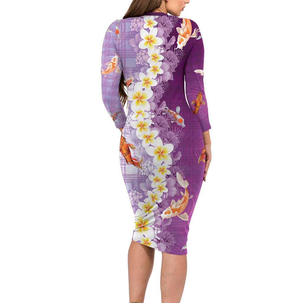 Hawaii And Japan Family Matching Long Sleeve Bodycon Dress and Hawaiian Shirt Plumeria Lei With Koi Fish Purple - Polynesian Pride