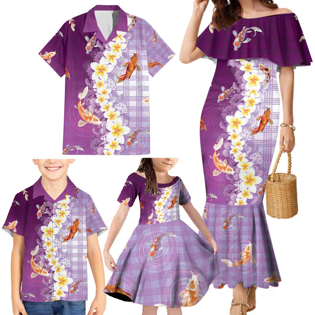 Hawaii And Japan Family Matching Mermaid Dress and Hawaiian Shirt Plumeria Lei With Koi Fish Purple - Polynesian Pride