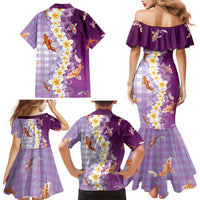 Hawaii And Japan Family Matching Mermaid Dress and Hawaiian Shirt Plumeria Lei With Koi Fish Purple - Polynesian Pride