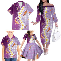 Hawaii And Japan Family Matching Off The Shoulder Long Sleeve Dress and Hawaiian Shirt Plumeria Lei With Koi Fish Purple - Polynesian Pride