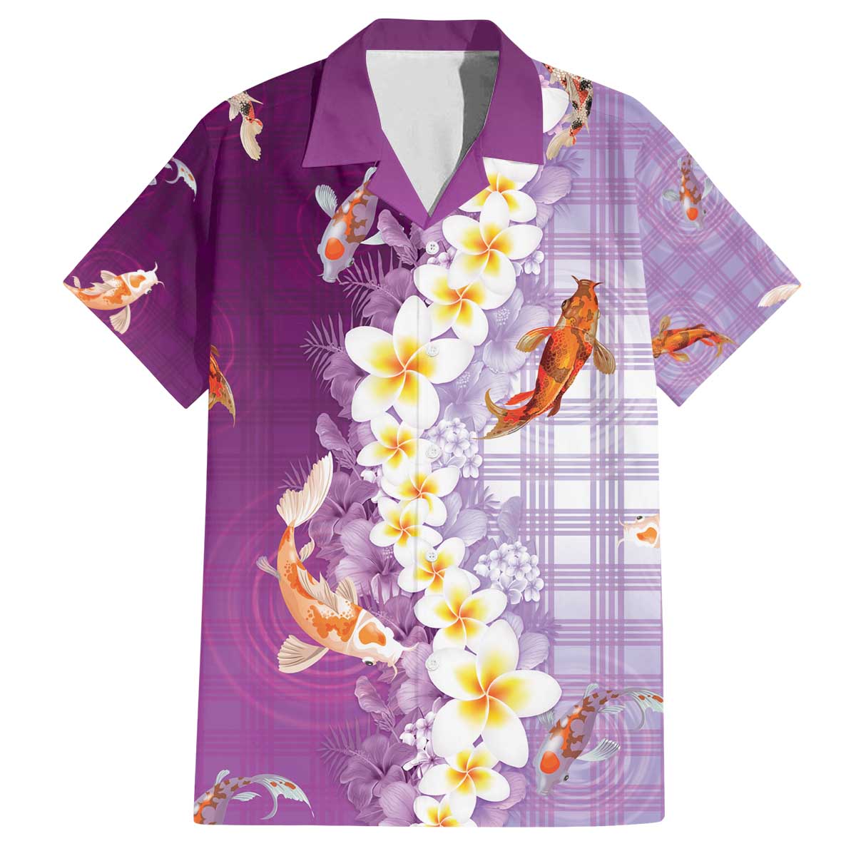 Hawaii And Japan Family Matching Off The Shoulder Long Sleeve Dress and Hawaiian Shirt Plumeria Lei With Koi Fish Purple - Polynesian Pride