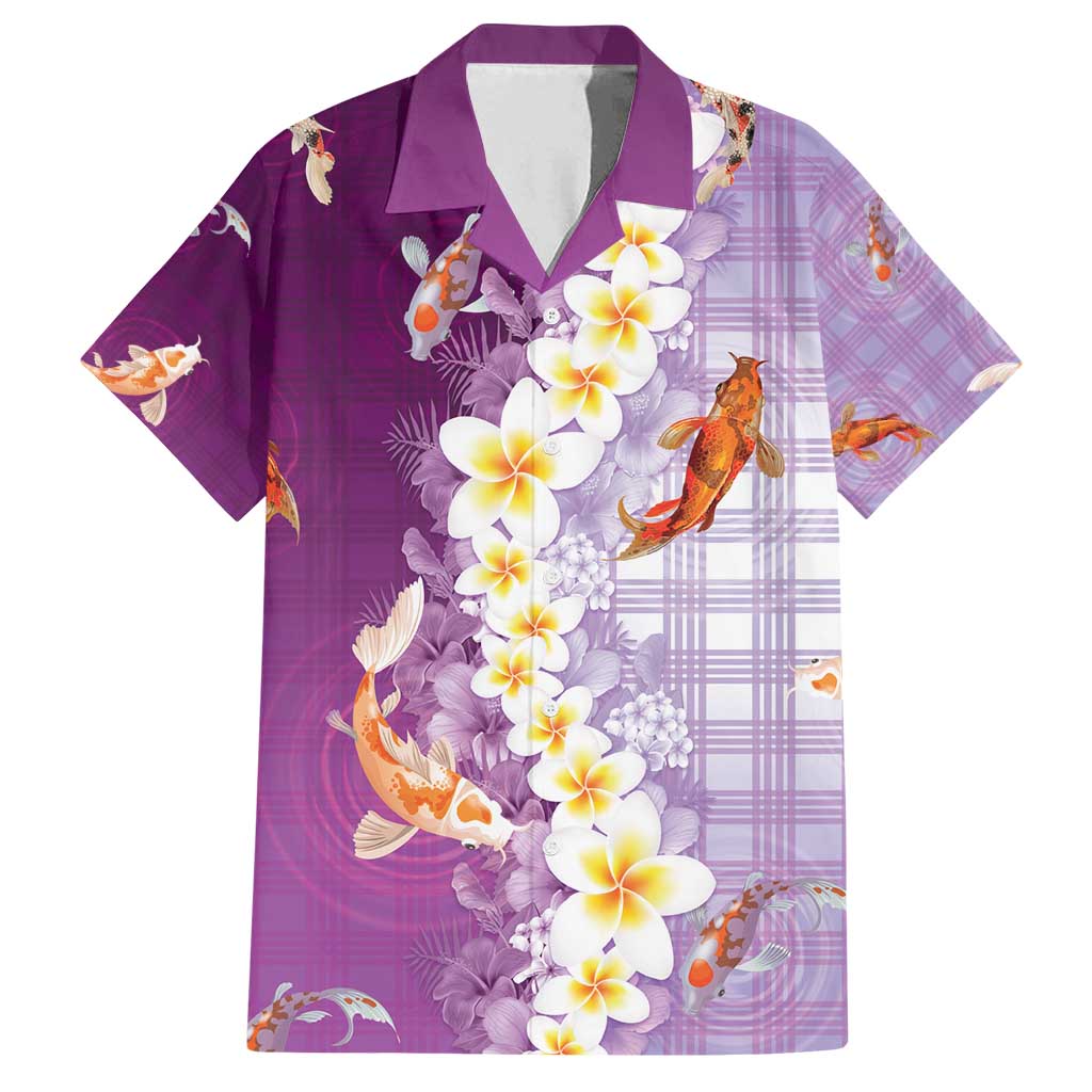 Hawaii And Japan Family Matching Off Shoulder Maxi Dress and Hawaiian Shirt Plumeria Lei With Koi Fish Purple - Polynesian Pride