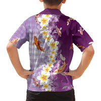 Hawaii And Japan Family Matching Off Shoulder Short Dress and Hawaiian Shirt Plumeria Lei With Koi Fish Purple - Polynesian Pride