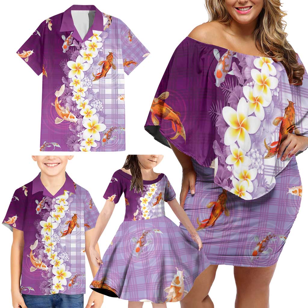 Hawaii And Japan Family Matching Off Shoulder Short Dress and Hawaiian Shirt Plumeria Lei With Koi Fish Purple - Polynesian Pride