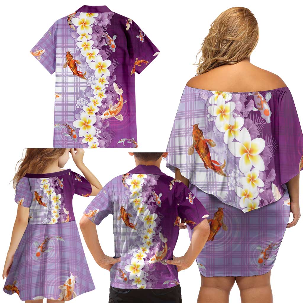 Hawaii And Japan Family Matching Off Shoulder Short Dress and Hawaiian Shirt Plumeria Lei With Koi Fish Purple - Polynesian Pride