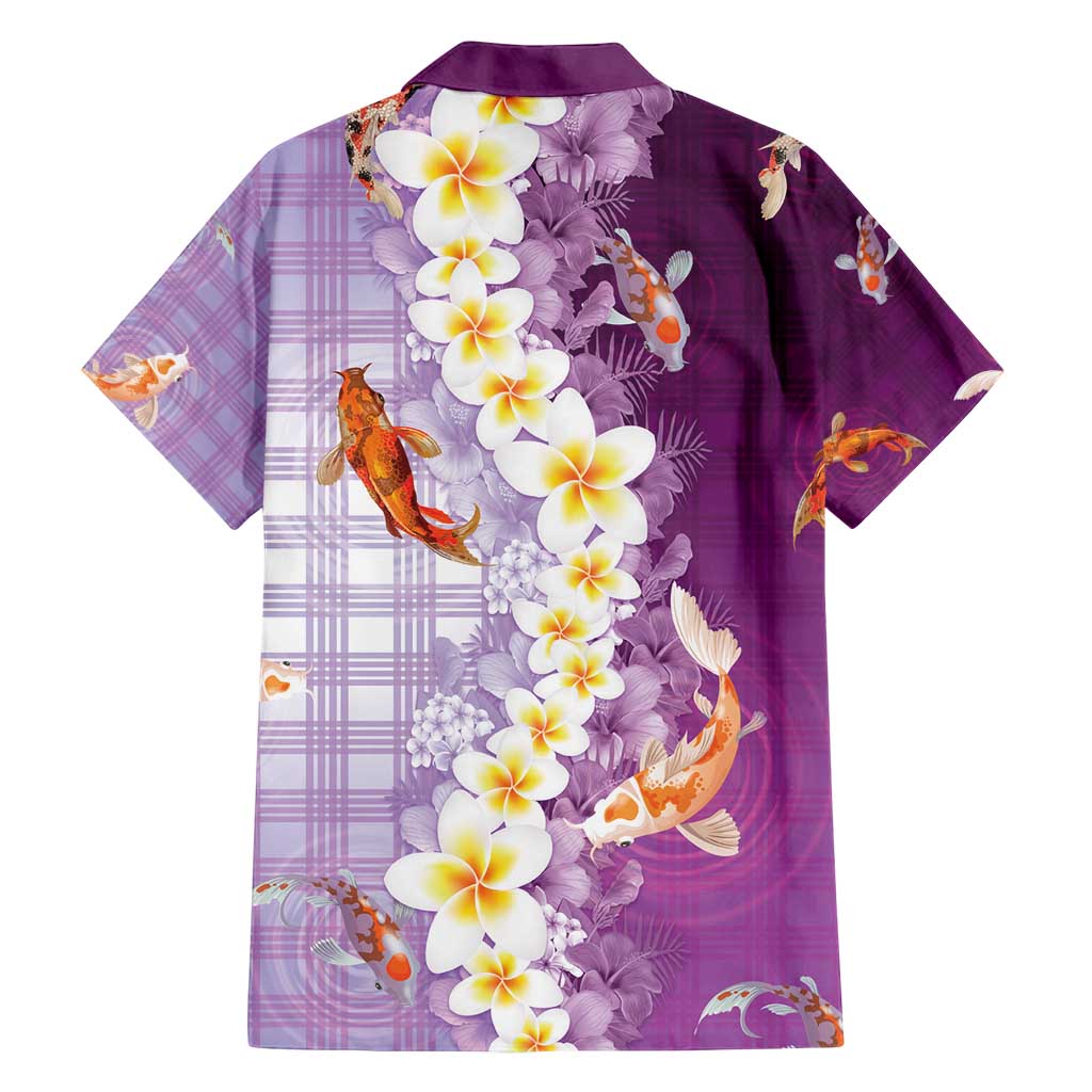 Hawaii And Japan Family Matching Off Shoulder Short Dress and Hawaiian Shirt Plumeria Lei With Koi Fish Purple - Polynesian Pride
