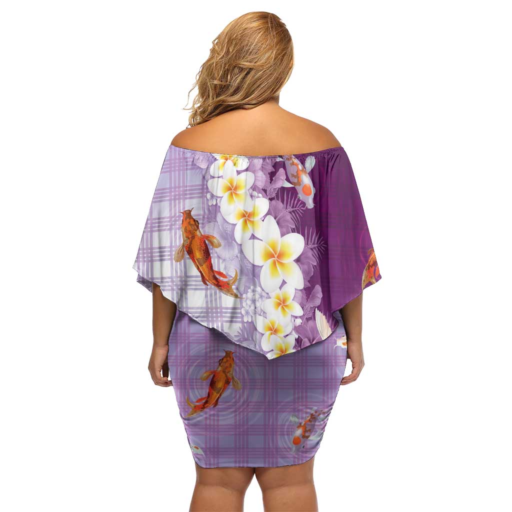 Hawaii And Japan Family Matching Off Shoulder Short Dress and Hawaiian Shirt Plumeria Lei With Koi Fish Purple - Polynesian Pride