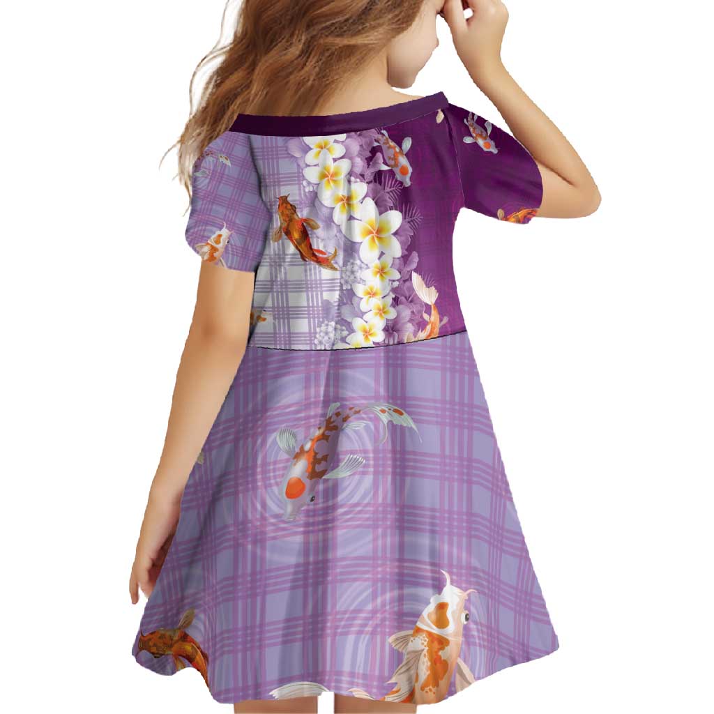 Hawaii And Japan Family Matching Short Sleeve Bodycon Dress and Hawaiian Shirt Plumeria Lei With Koi Fish Purple - Polynesian Pride