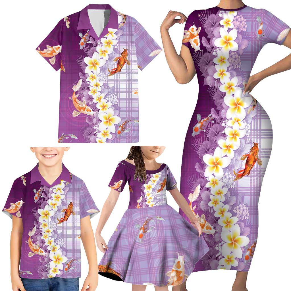 Hawaii And Japan Family Matching Short Sleeve Bodycon Dress and Hawaiian Shirt Plumeria Lei With Koi Fish Purple LT05 - Polynesian Pride