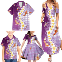Hawaii And Japan Family Matching Summer Maxi Dress and Hawaiian Shirt Plumeria Lei With Koi Fish Purple - Polynesian Pride