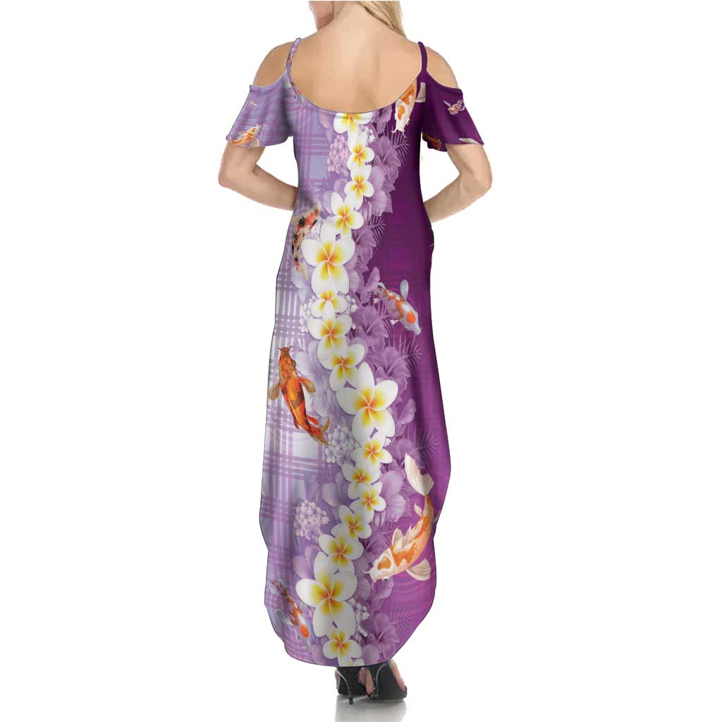 Hawaii And Japan Family Matching Summer Maxi Dress and Hawaiian Shirt Plumeria Lei With Koi Fish Purple - Polynesian Pride
