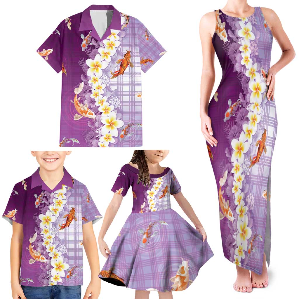 Hawaii And Japan Family Matching Tank Maxi Dress and Hawaiian Shirt Plumeria Lei With Koi Fish Purple - Polynesian Pride