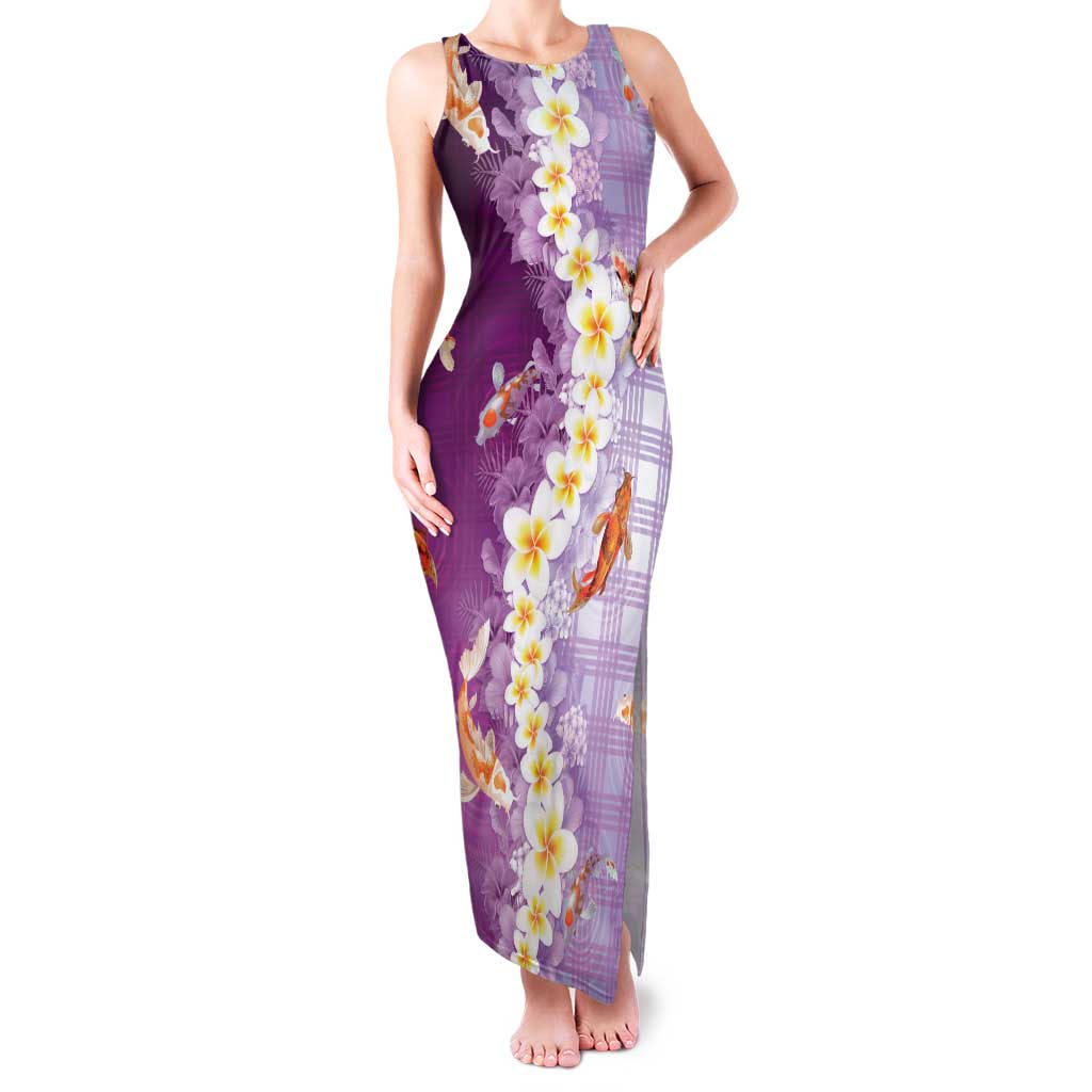 Hawaii And Japan Family Matching Tank Maxi Dress and Hawaiian Shirt Plumeria Lei With Koi Fish Purple - Polynesian Pride