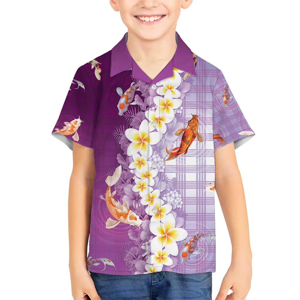 Hawaii And Japan Family Matching Tank Maxi Dress and Hawaiian Shirt Plumeria Lei With Koi Fish Purple - Polynesian Pride