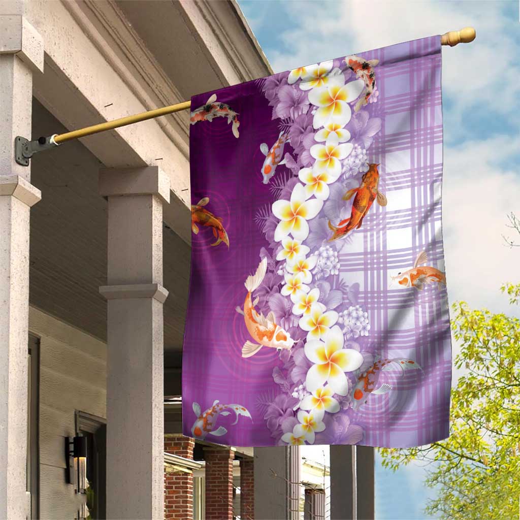 Hawaii And Japan Garden Flag Plumeria Lei With Koi Fish Purple LT05 House Flag Purple - Polynesian Pride