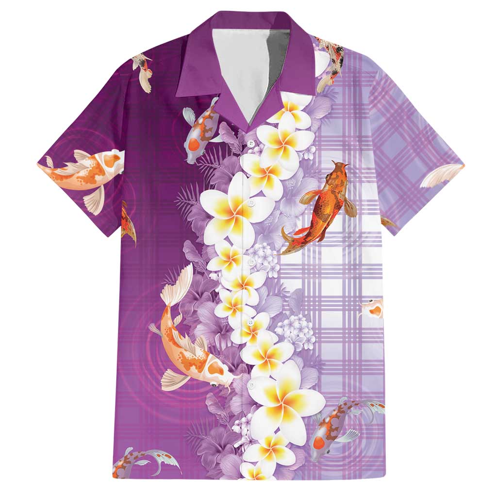 Hawaii And Japan Hawaiian Shirt Plumeria Lei With Koi Fish Purple - Polynesian Pride