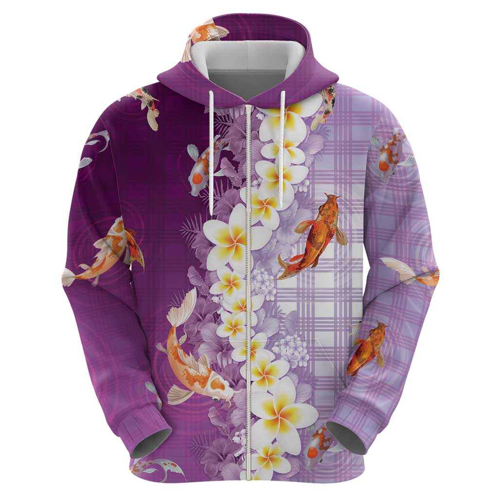 Hawaii And Japan Hoodie Plumeria Lei With Koi Fish Purple LT05 - Polynesian Pride