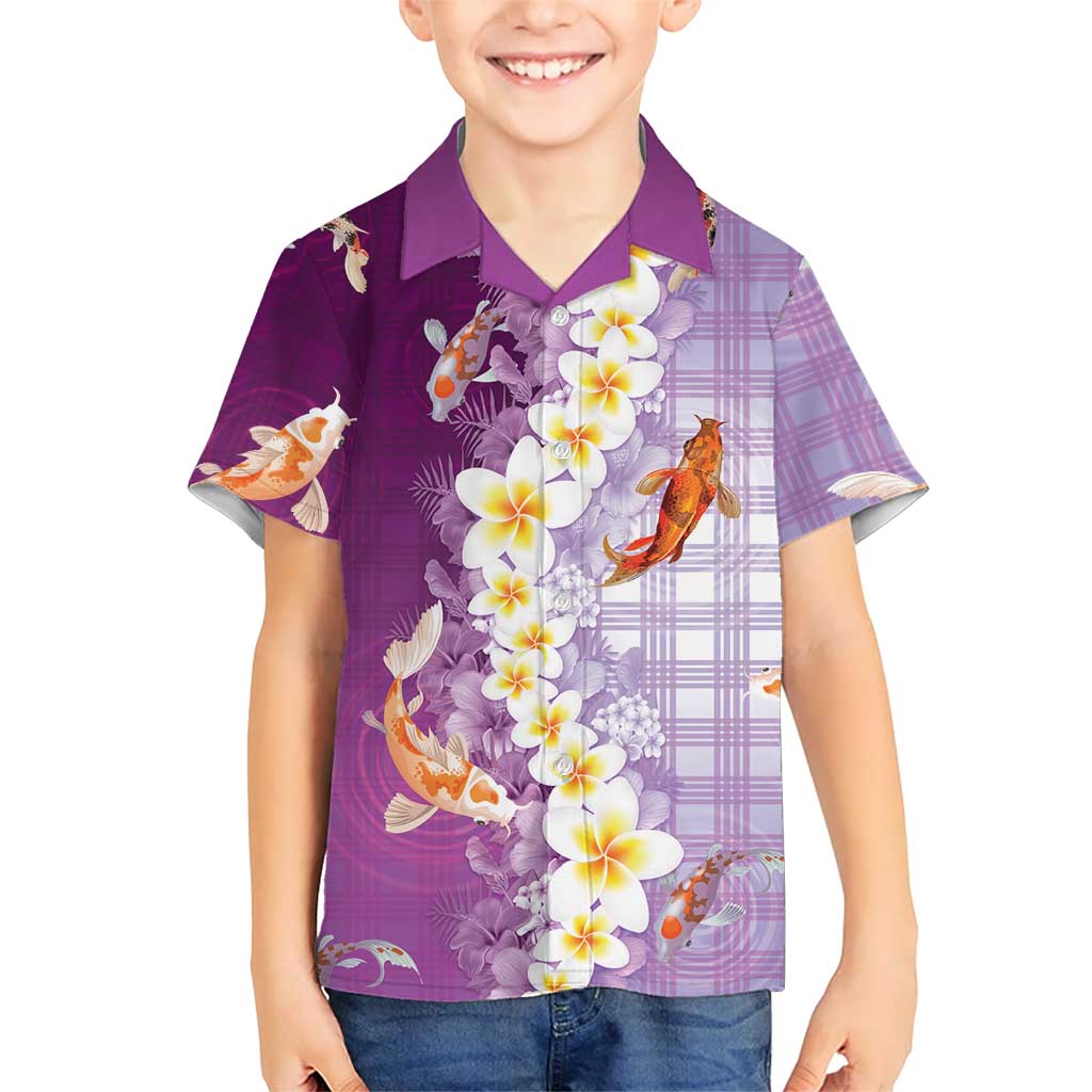 Hawaii And Japan Kid Hawaiian Shirt Plumeria Lei With Koi Fish Purple LT05 Kid Purple - Polynesian Pride