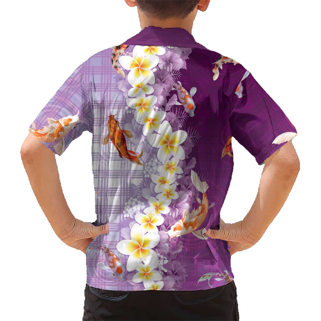 Hawaii And Japan Kid Hawaiian Shirt Plumeria Lei With Koi Fish Purple - Polynesian Pride
