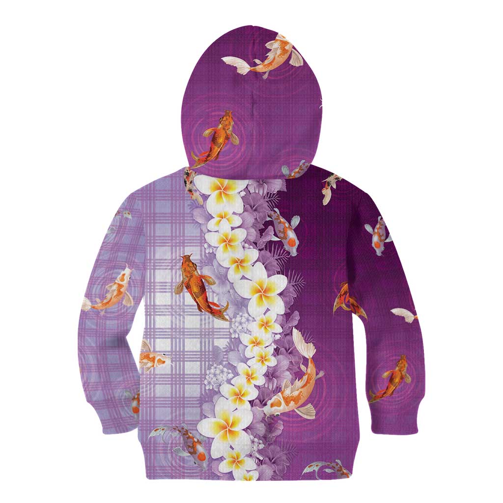 Hawaii And Japan Kid Hoodie Plumeria Lei With Koi Fish Purple - Polynesian Pride