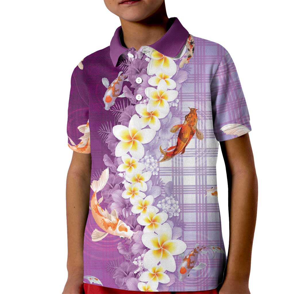 Hawaii And Japan Kid Polo Shirt Plumeria Lei With Koi Fish Purple LT05 Kid Purple - Polynesian Pride