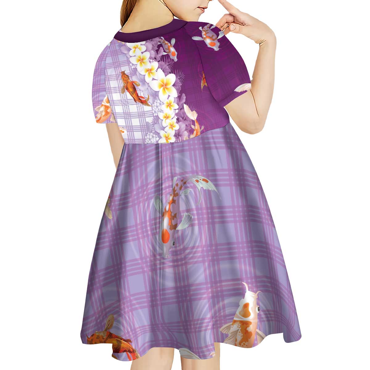 Hawaii And Japan Kid Short Sleeve Dress Plumeria Lei With Koi Fish Purple - Polynesian Pride
