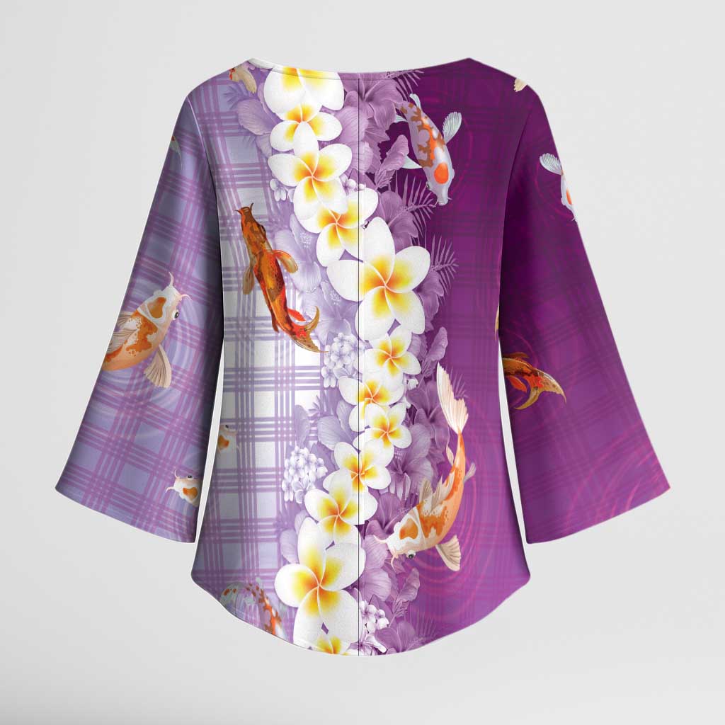 Hawaii And Japan Kimono Sleeve Blouse Plumeria Lei With Koi Fish Purple - Polynesian Pride