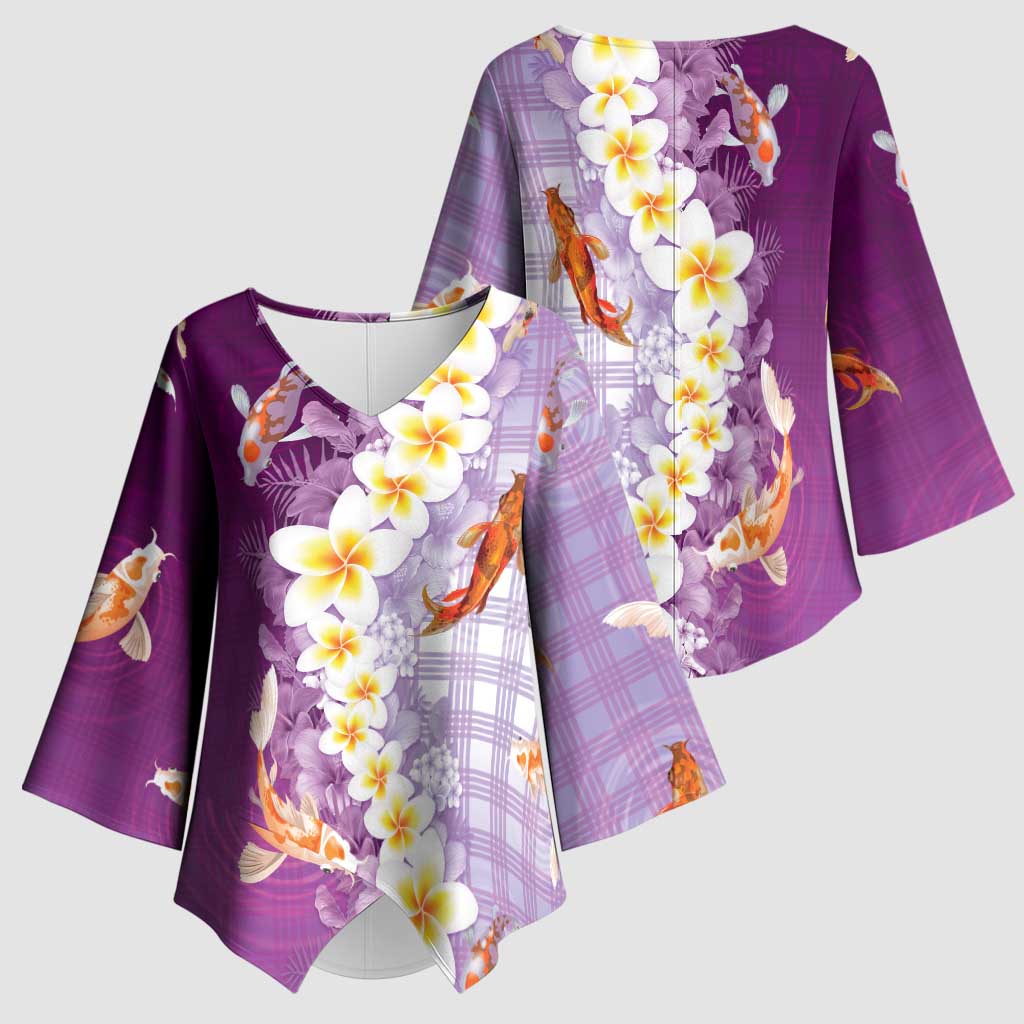 Hawaii And Japan Kimono Sleeve Blouse Plumeria Lei With Koi Fish Purple - Polynesian Pride