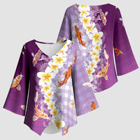 Hawaii And Japan Kimono Sleeve Blouse Plumeria Lei With Koi Fish Purple - Polynesian Pride