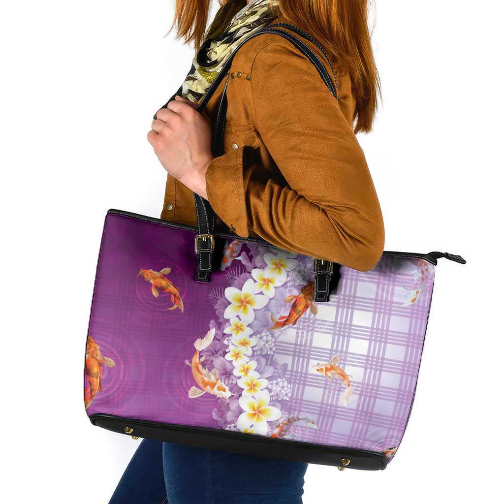 Hawaii And Japan Leather Tote Bag Plumeria Lei With Koi Fish Purple - Polynesian Pride