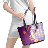 Hawaii And Japan Leather Tote Bag Plumeria Lei With Koi Fish Purple - Polynesian Pride