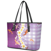 Hawaii And Japan Leather Tote Bag Plumeria Lei With Koi Fish Purple - Polynesian Pride