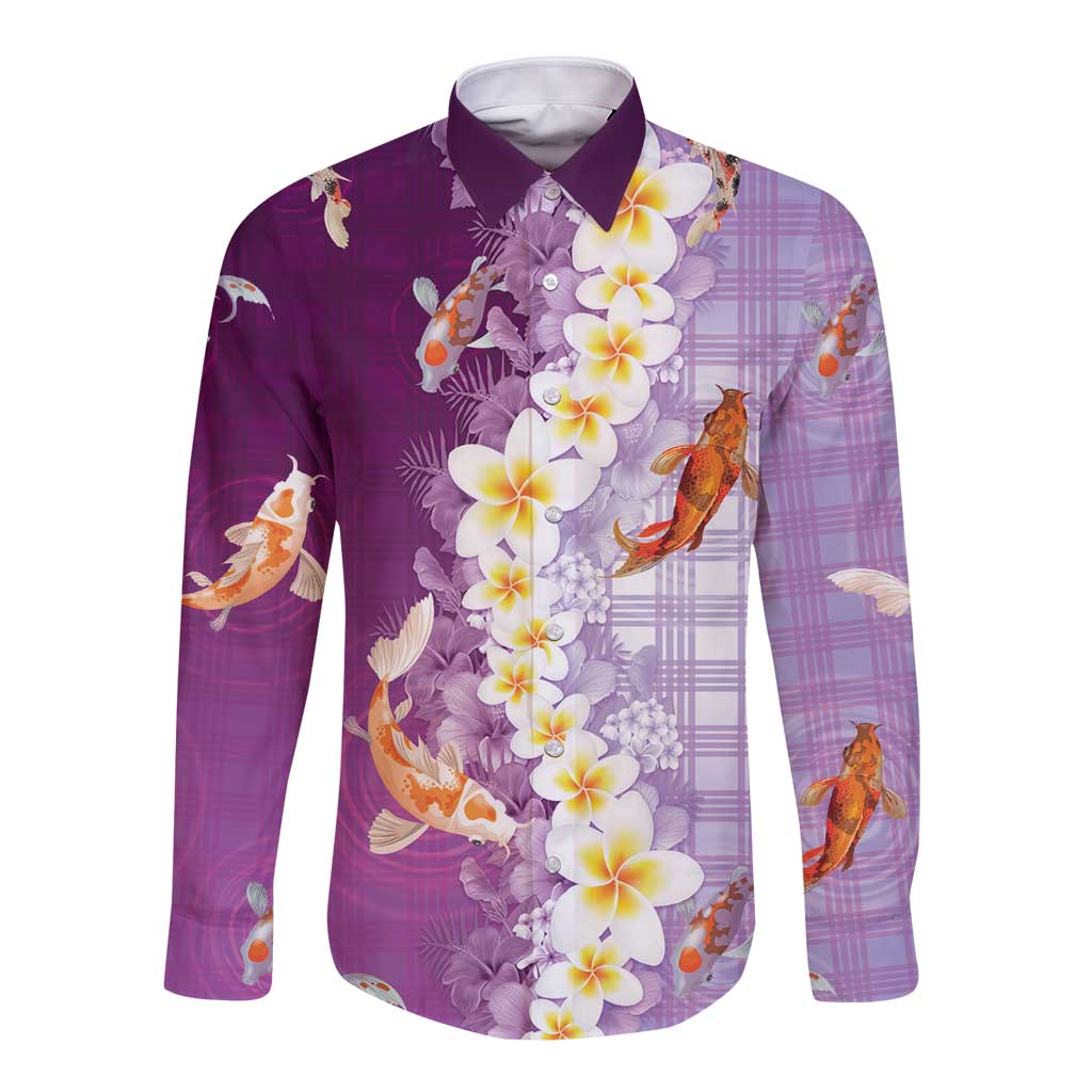 Hawaii And Japan Long Sleeve Button Shirt Plumeria Lei With Koi Fish Purple - Polynesian Pride