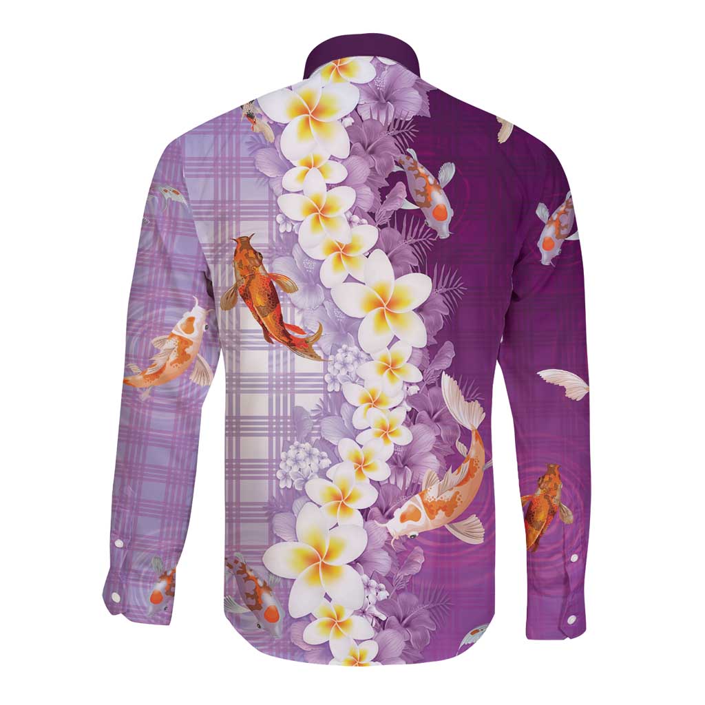 Hawaii And Japan Long Sleeve Button Shirt Plumeria Lei With Koi Fish Purple - Polynesian Pride
